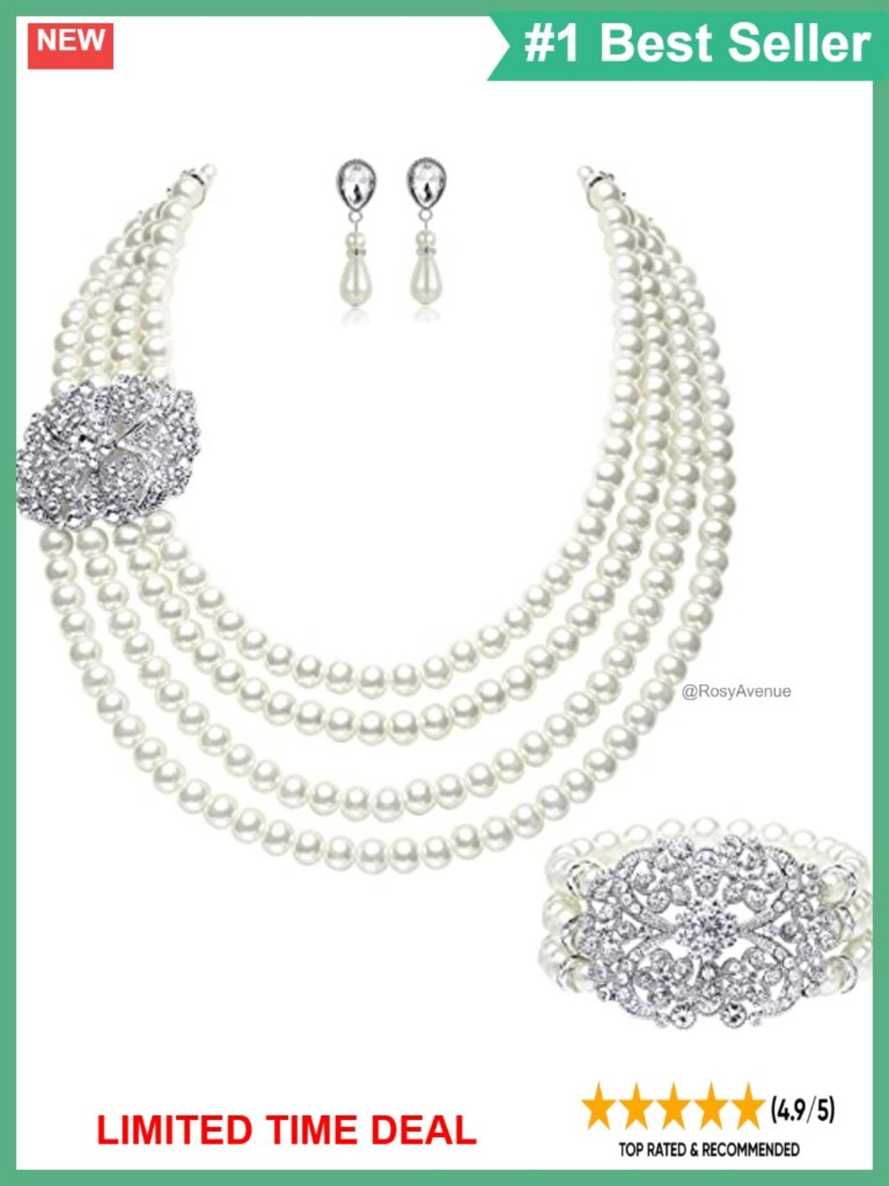Faux Pearl Necklace Earring Bracelet Set Crystal Brooch Gatsby